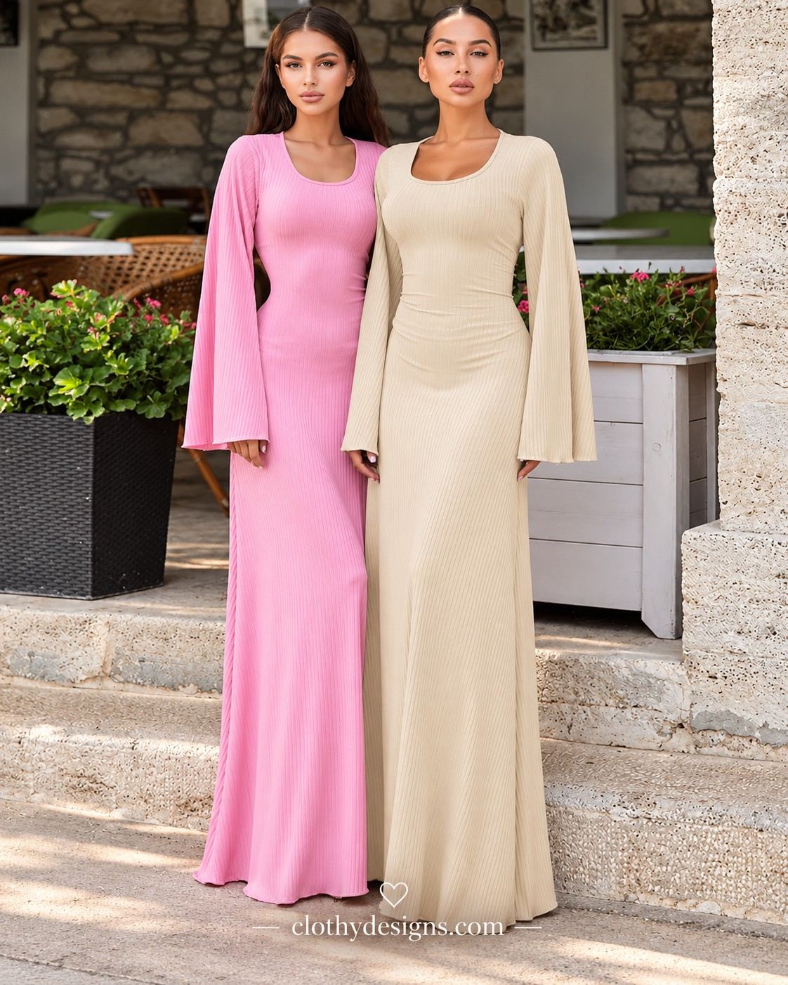 Women's Ribbed Knit Maxi Dress – Loose U-Neck Long Dress with Lace-Up Back, Bandage Detail & Flare Sleeves